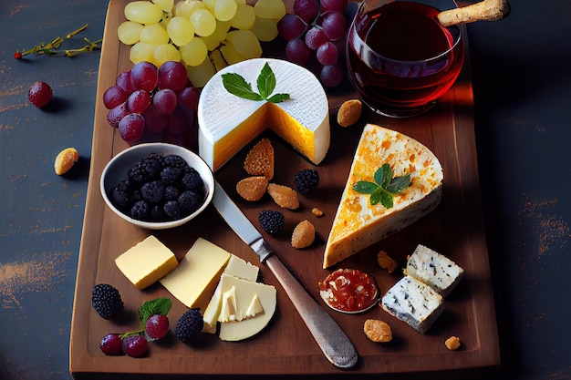 Cheese plate with soft cheese delicious fresh fruit food