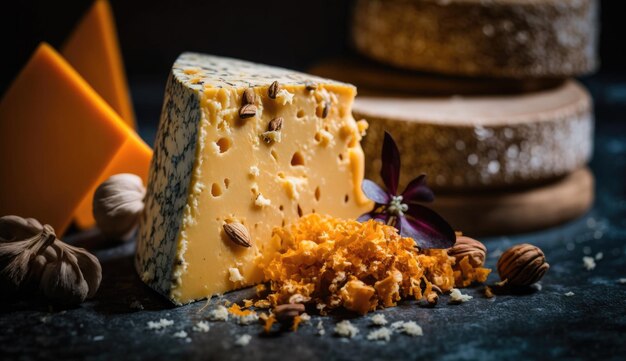 A cheese plate with a variety of cheeses on it