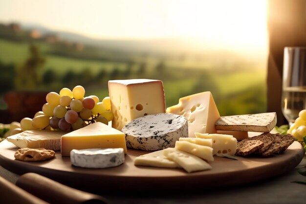 A cheese platter with assorted gourmet cheeses