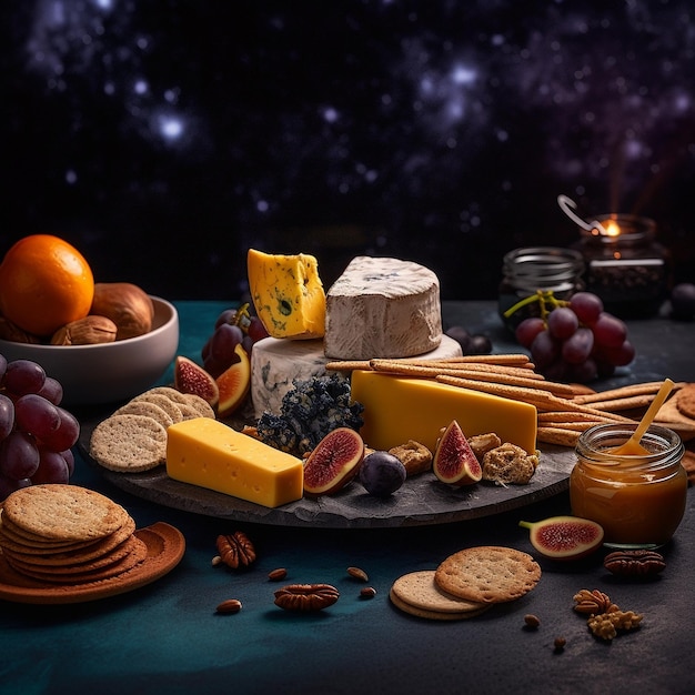 A cheese platter with a bottle of wine and a glass of wine on the table.