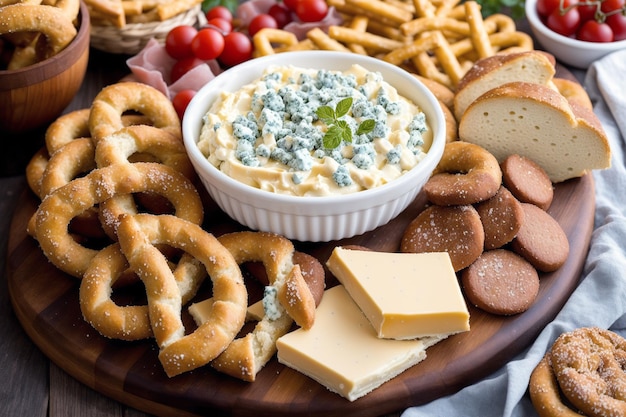 A cheese platter with a bowl of blue cheese, pretzels, and cheese.