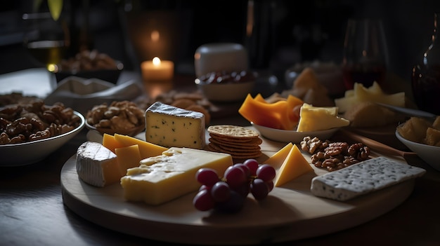 A cheese platter with a bunch of grapes and nuts on it