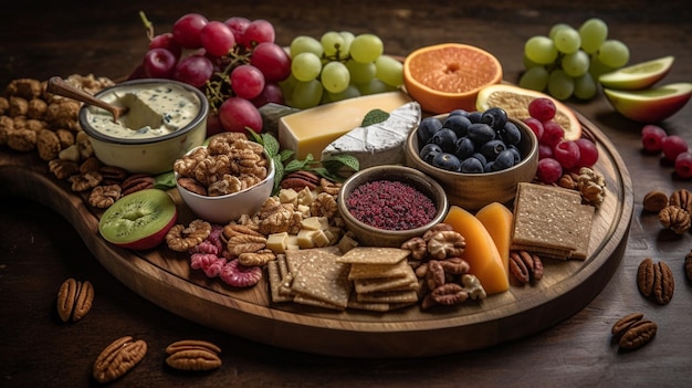 A cheese platter with fruit and nuts on it