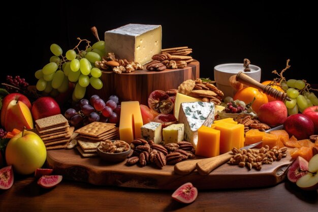 Cheese platter with fruits nuts and crackers created with generative ai