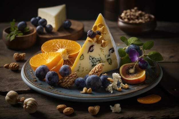 Cheese platter with organic cheeses fruits nuts and wine on wooden background AI Generation