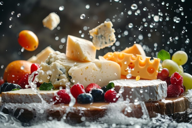 Photo cheese platter with various cheeses and fruits floating ar 32 style raw stylize 250 job id 3ae78a8db69e48b092e5a724e5f17929