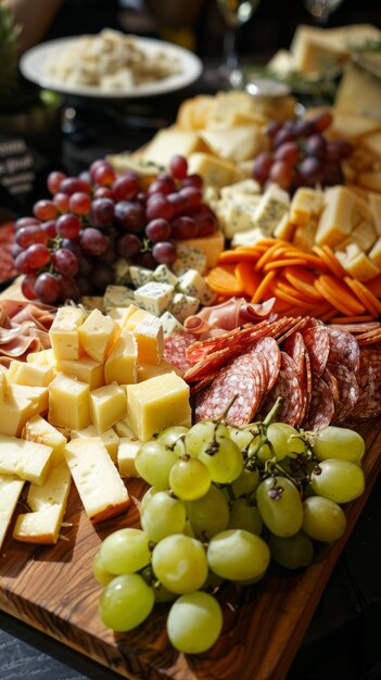 Photo cheese platter a wooden board with assorted cheeses and grapes