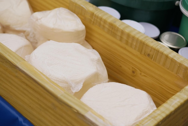 Cheese preserved in a packet in a wooden box