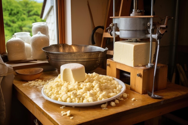 Cheese press with fresh curds ready for pressing