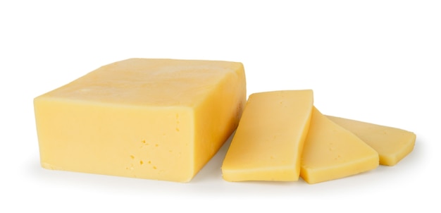 Cheese rectangular shape and three pieces on a white