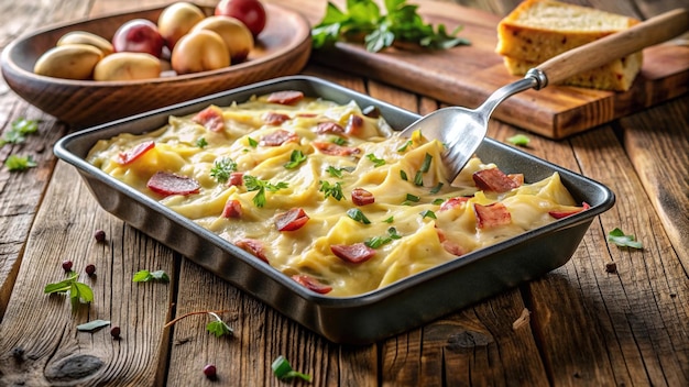 Photo cheese rustic french top view golden delicious food cutting a delicious tartiflette in a baking tray placed on a rustic wooden table with a unique vertical forced perspective