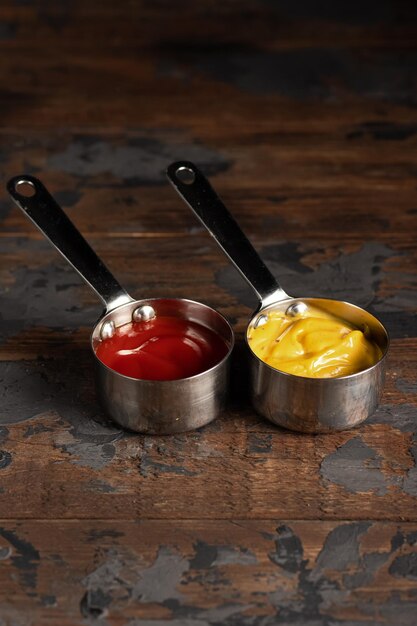 Cheese sauce mustard sour cream tomato sweet and sour sauce on a wooden background