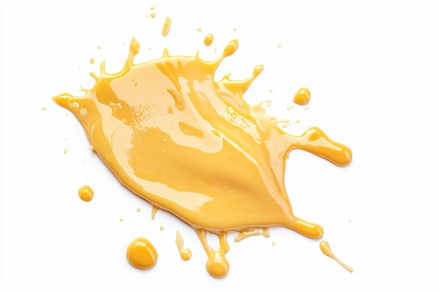 Cheese sauce stains splashed or floating top view over white background