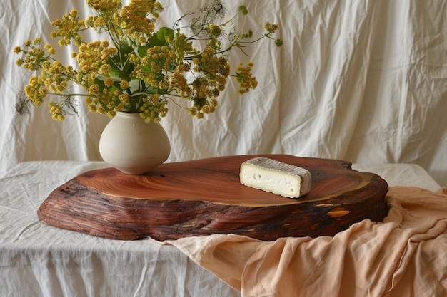 Photo cheese slice on wood with napkin