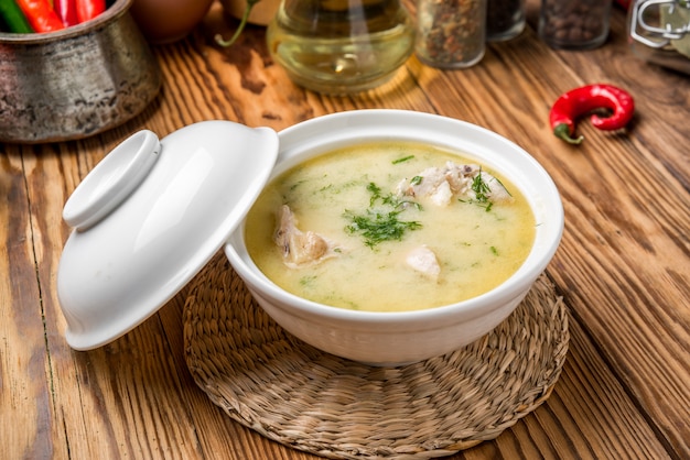 Cheese soup with chicken and vegetables