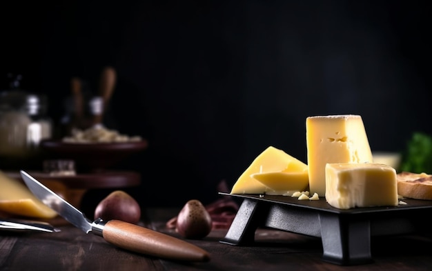 A cheese tray with a block of cheese on it.