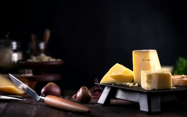 A cheese tray with a knife and a wooden spoon on a black background.