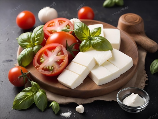 cheese and vegetables on a wooden plate with tomatoes and cheese