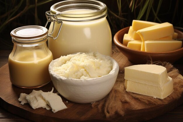 Cheese wheel and milk in jars