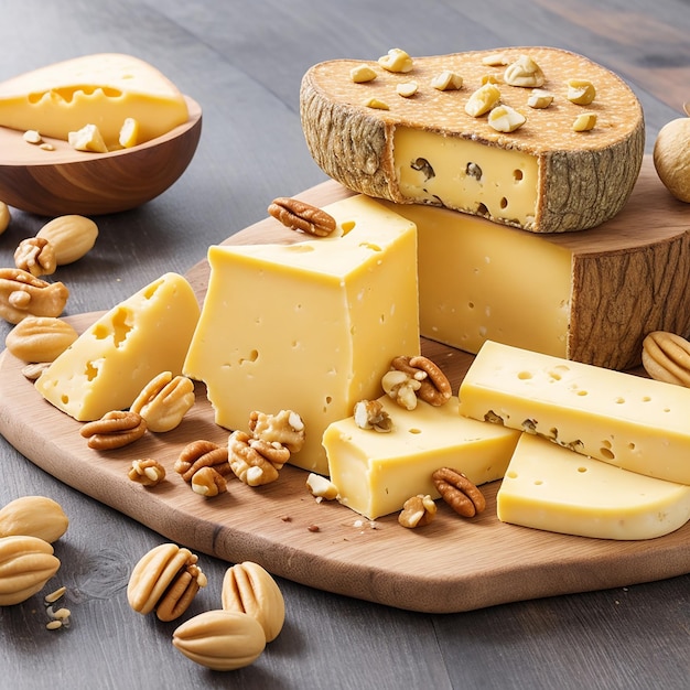 Cheese with nuts and nuts on a wooden table