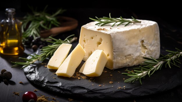 Cheese With Rosemary On A Dark Stone Background