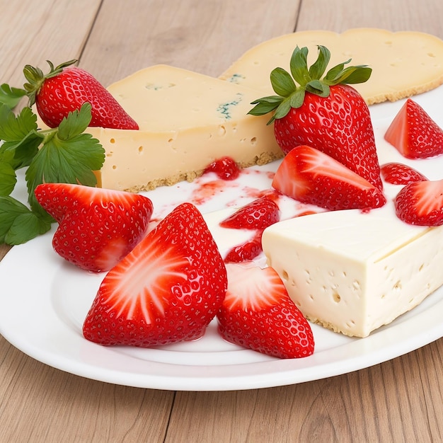 Cheese with strawberries on a plate on a wooden table