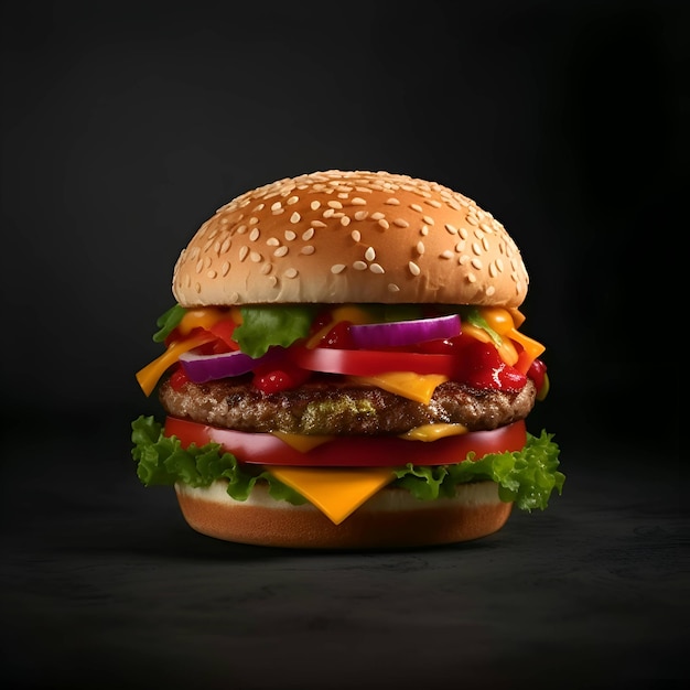 Cheeseburger on black background with copy space for your text