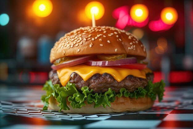 Cheeseburger on Checkered Table with Warm Ambience