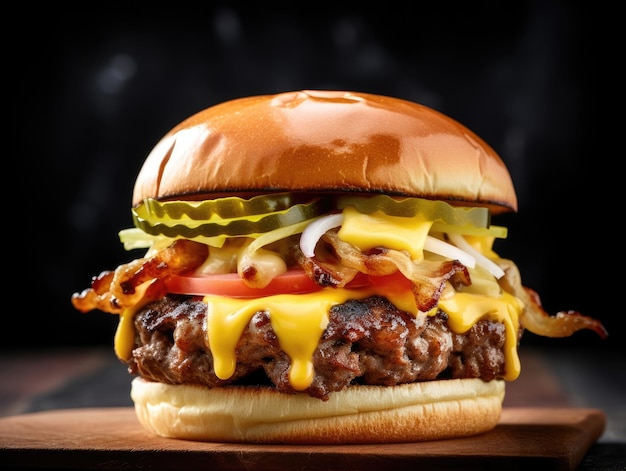 Cheeseburger on dark background generative AI