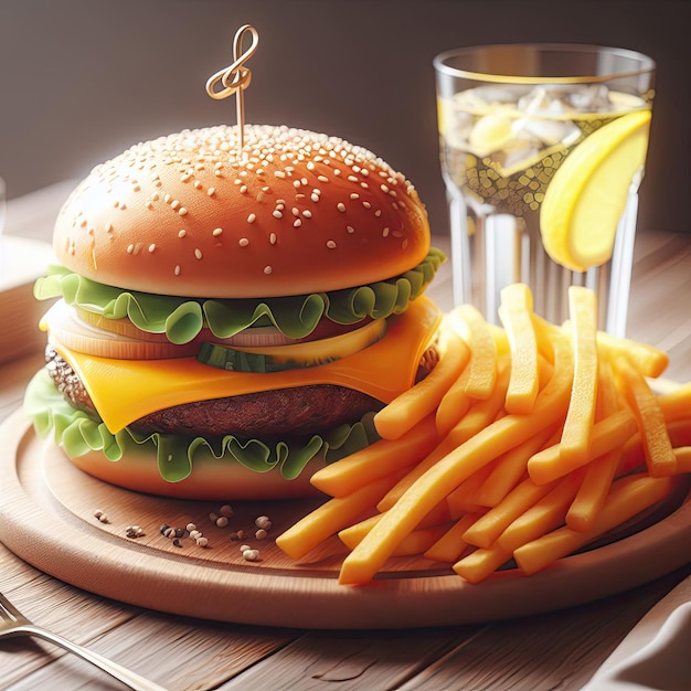 cheeseburger and french fries on the wood table