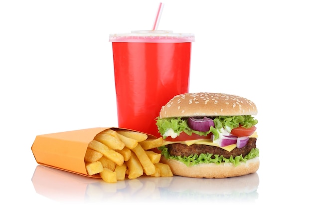 Cheeseburger hamburger and fries menu meal combo fast food drink isolated