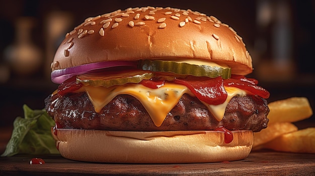 Cheeseburger including the type of bun meat patty cheese sauce and toppings generated ai image