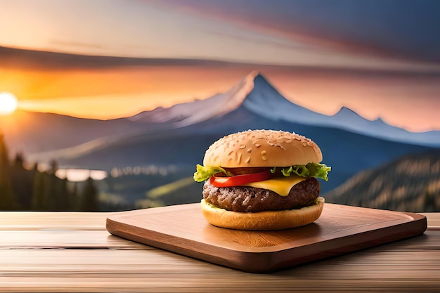 A cheeseburger sits on a wooden board with mountains in the background.