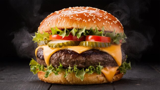 a cheeseburger with a black background