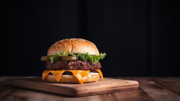 A cheeseburger with a black background