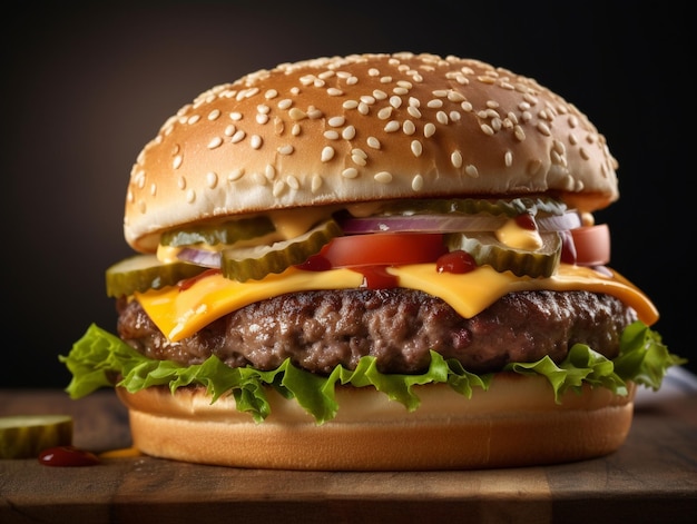 A cheeseburger with cheese, tomato, and pickles on a wooden table.