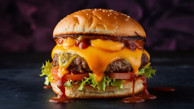 a cheeseburger with cheese and tomato sauce on it