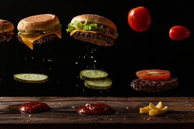 Cheeseburger with flying ingredients such as meat ketchup lettuce tomato cucumber onion