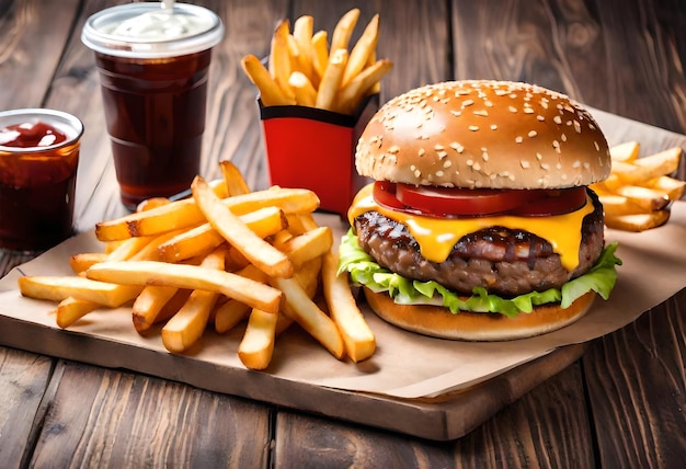 a cheeseburger with french fries and a drink on a wooden table