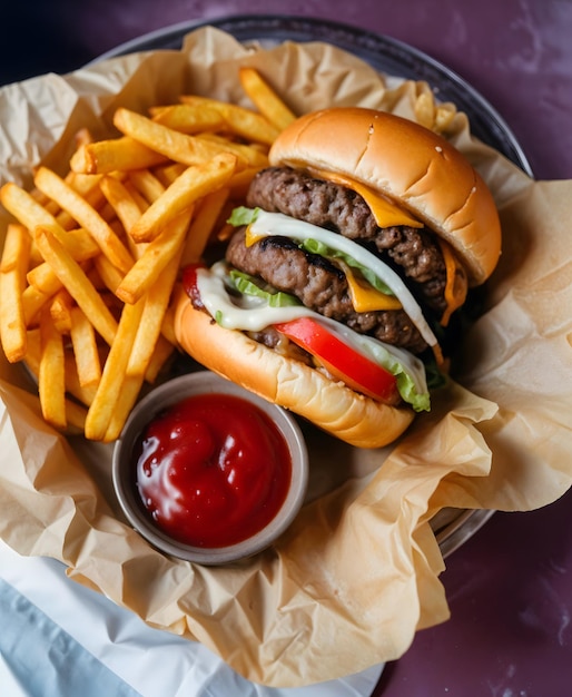 cheeseburger with french fries and ketchup