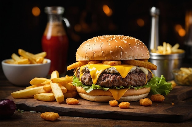 Cheeseburger with french fries and nuggets