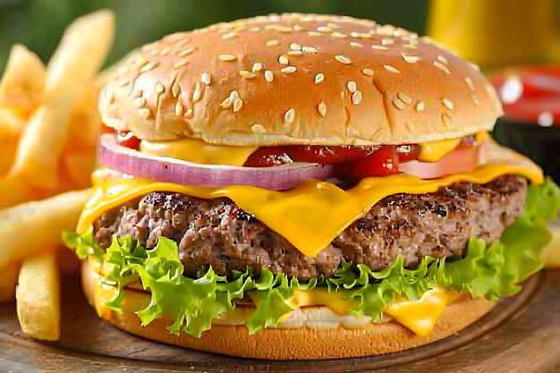 Cheeseburger with french fries on the table