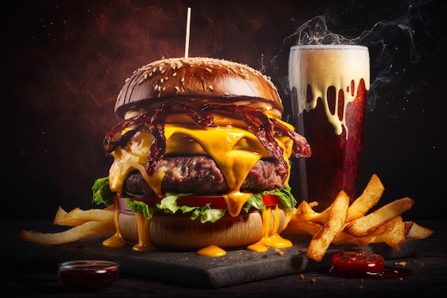 Cheeseburger with fries and beer on black background Generative AI