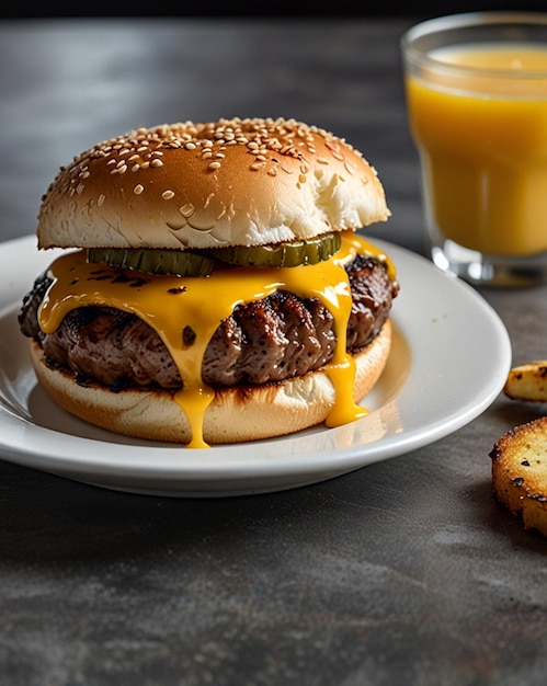 a cheeseburger with a glass of orange juice next to a plate of cookies