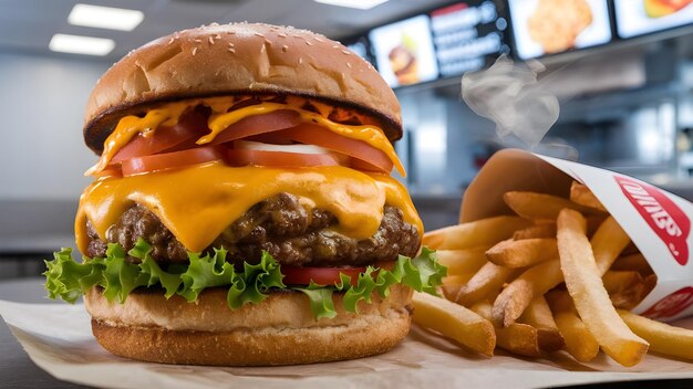 a cheeseburger with a hamburger and fries in a restaurant