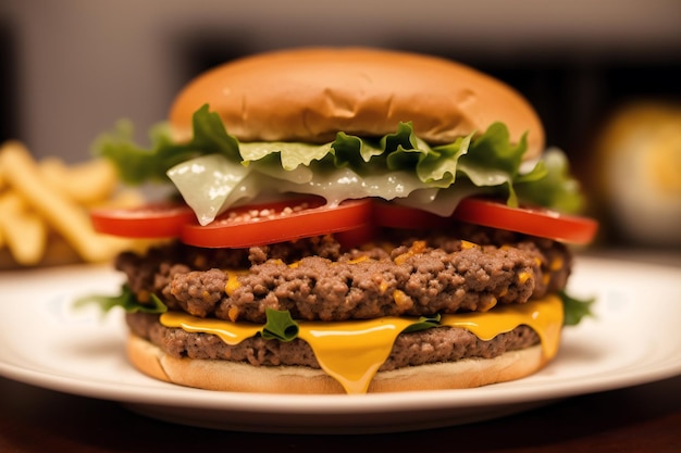 A cheeseburger with lettuce, tomato, and lettuce on it.