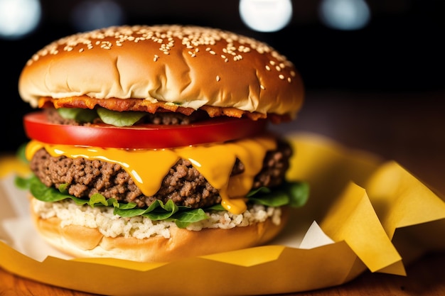 A cheeseburger with lettuce, tomato, and lettuce sits on a table.