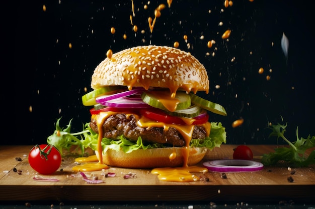 Cheeseburger with lettuce tomato onion and pickles on cutting board Generative AI