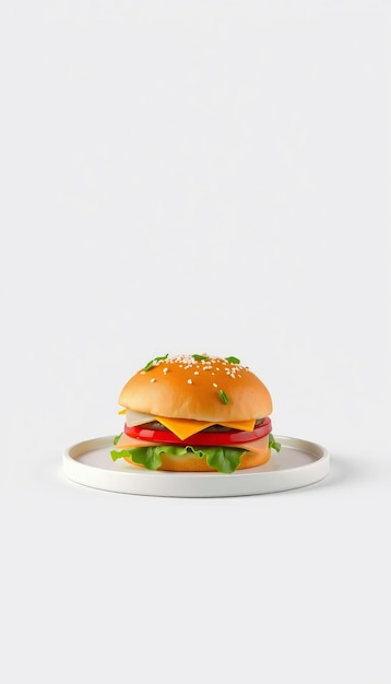 Photo cheeseburger with lettuce and tomato on a white plate