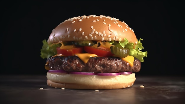 Cheeseburger with meat vegetables and cheese photography Studio lighting Black background